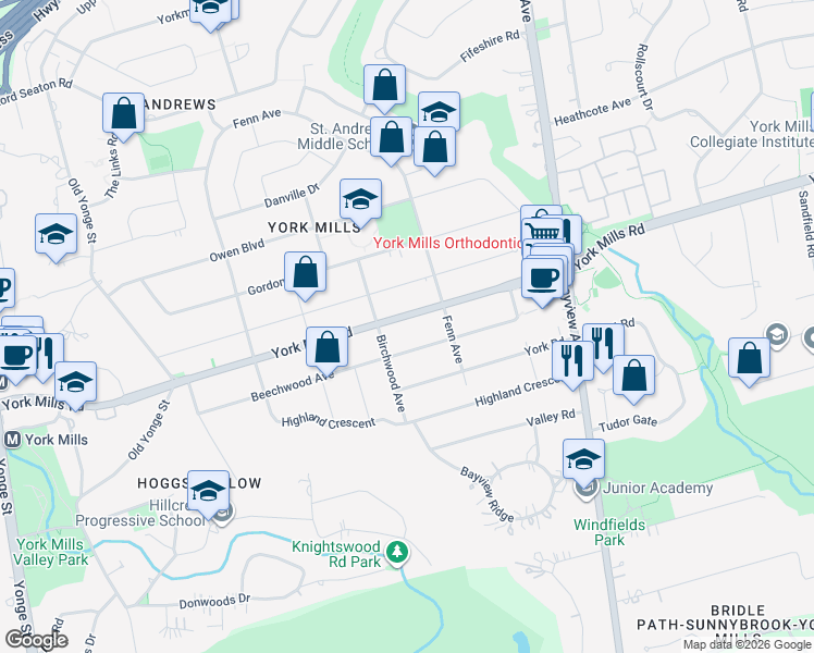 map of restaurants, bars, coffee shops, grocery stores, and more near 191 York Mills Road in Toronto