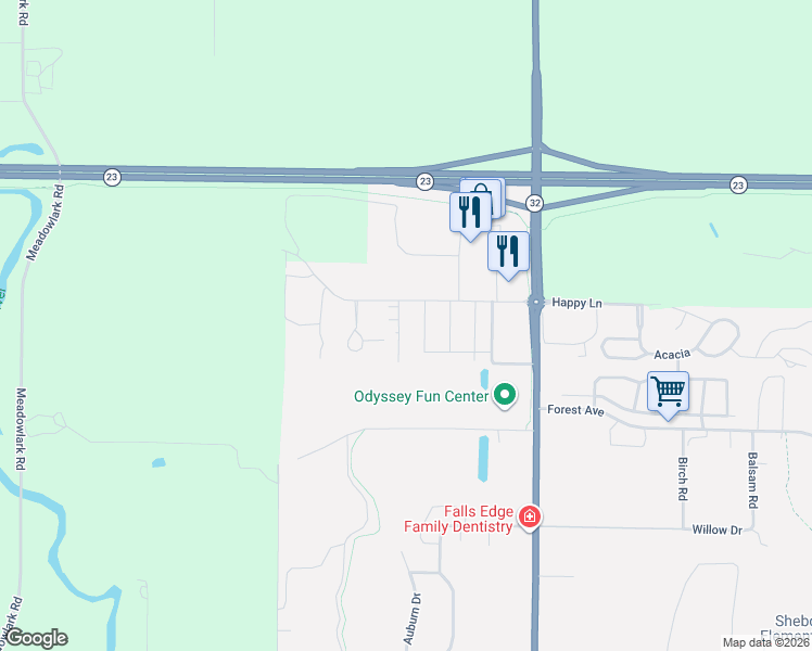 map of restaurants, bars, coffee shops, grocery stores, and more near 1019 Covington Drive in Sheboygan Falls