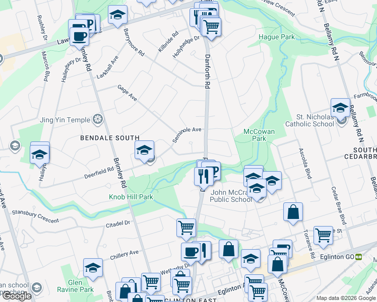 map of restaurants, bars, coffee shops, grocery stores, and more near in Toronto