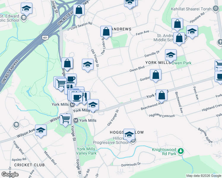 map of restaurants, bars, coffee shops, grocery stores, and more near 167 Old Yonge Street in Toronto