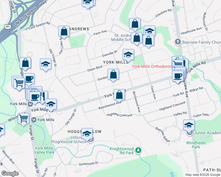 map of restaurants, bars, coffee shops, grocery stores, and more near 67 Munro Boulevard in Toronto