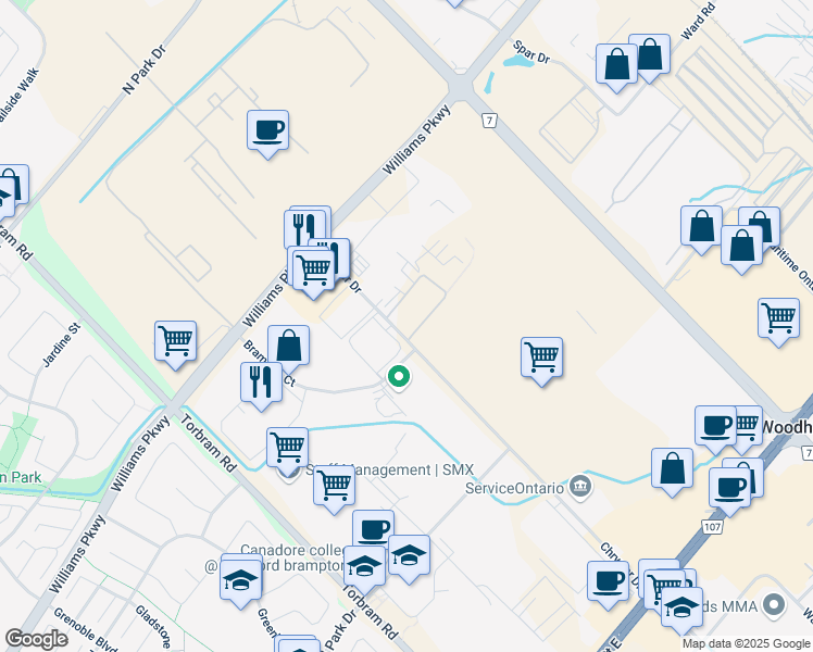map of restaurants, bars, coffee shops, grocery stores, and more near 395 Chrysler Drive in Brampton