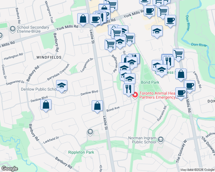 map of restaurants, bars, coffee shops, grocery stores, and more near 8 Southwell Drive in Toronto