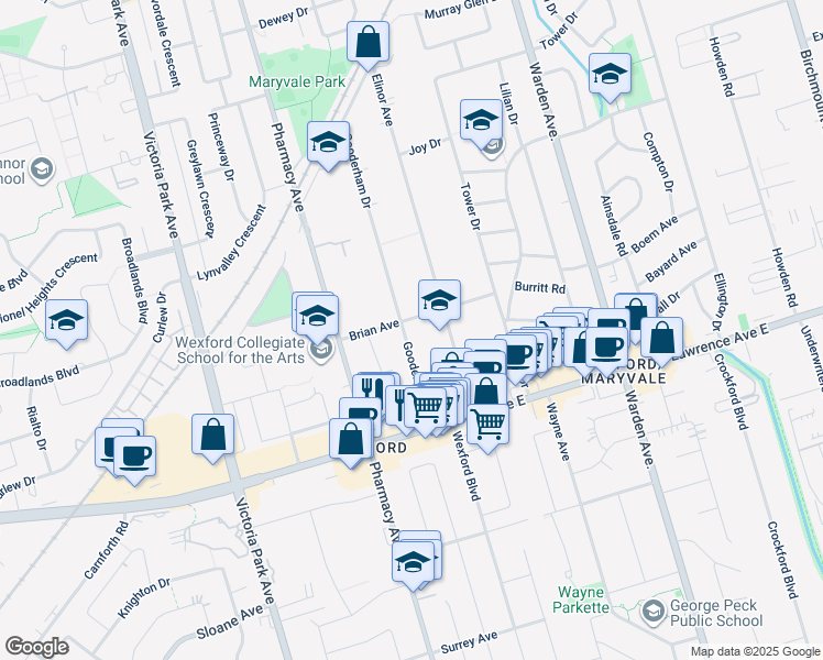 map of restaurants, bars, coffee shops, grocery stores, and more near in Toronto