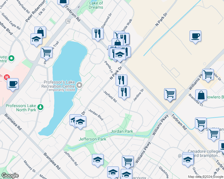 map of restaurants, bars, coffee shops, grocery stores, and more near 14 Jade Crescent in Brampton