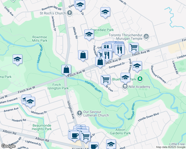 map of restaurants, bars, coffee shops, grocery stores, and more near 3031 Finch Avenue West in Toronto
