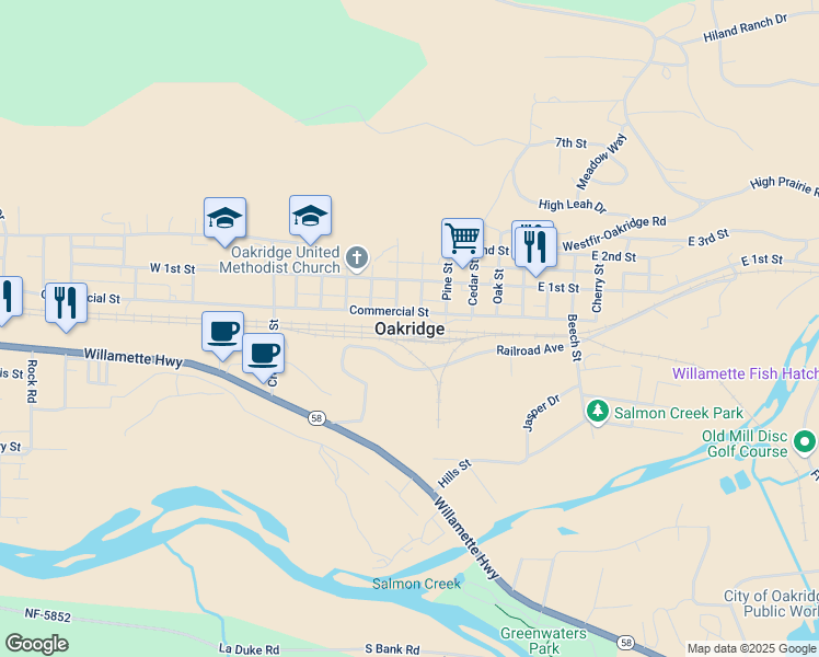 map of restaurants, bars, coffee shops, grocery stores, and more near in Oakridge