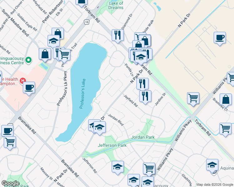 map of restaurants, bars, coffee shops, grocery stores, and more near 10 Provincial Place in Brampton