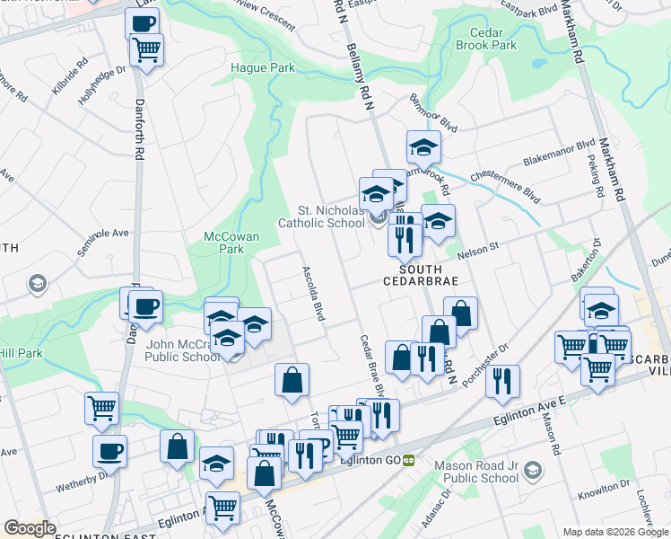 map of restaurants, bars, coffee shops, grocery stores, and more near 52 Cedar Brae Boulevard in Toronto