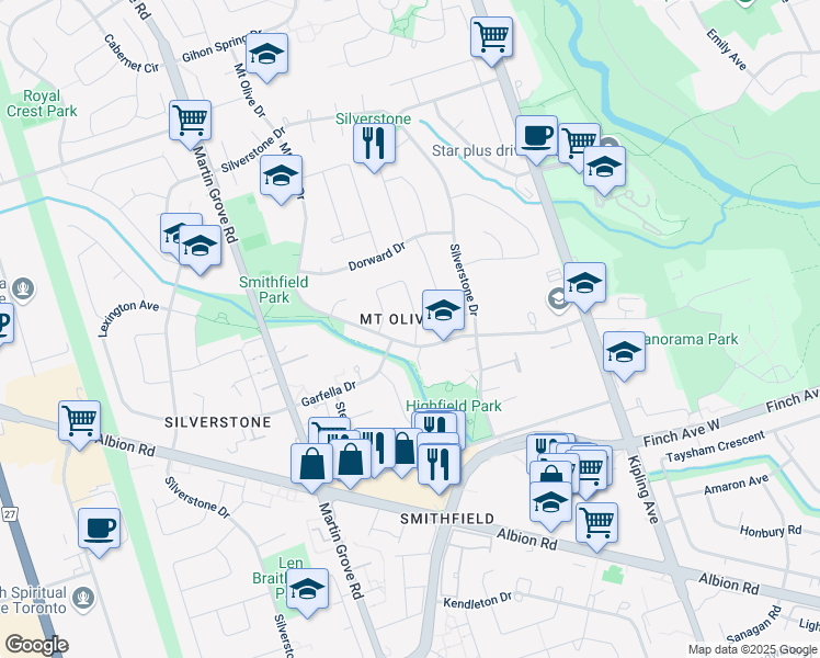 map of restaurants, bars, coffee shops, grocery stores, and more near 4 Vange Crescent in Toronto