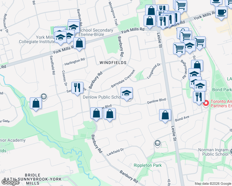 map of restaurants, bars, coffee shops, grocery stores, and more near 36 Cheval Drive in Toronto