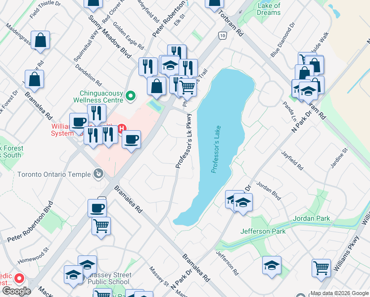 map of restaurants, bars, coffee shops, grocery stores, and more near 68 Professors Lake Parkway in Brampton