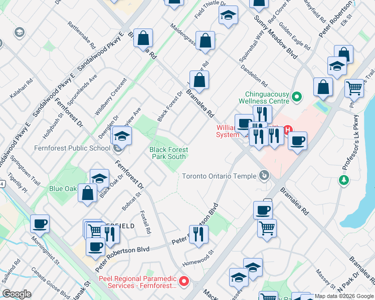 map of restaurants, bars, coffee shops, grocery stores, and more near 48 Willow Park Drive in Brampton
