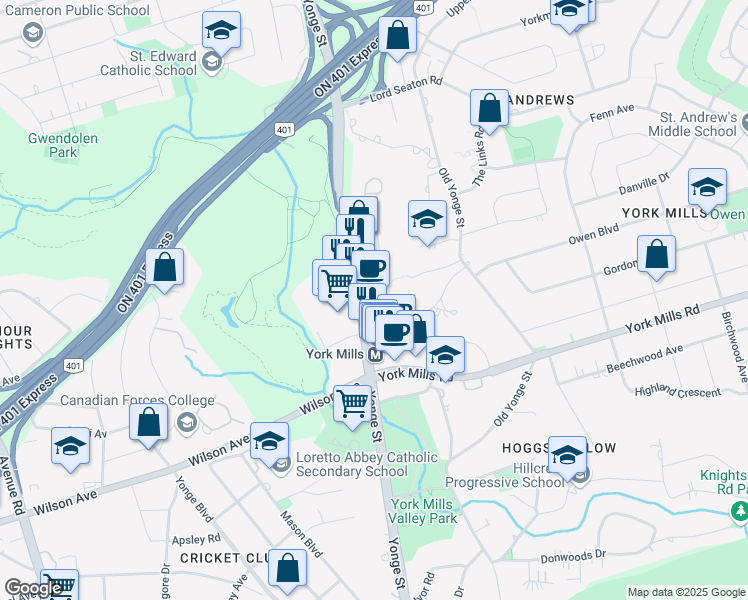 map of restaurants, bars, coffee shops, grocery stores, and more near 4141 Yonge Street in Toronto