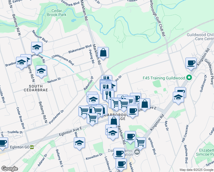 map of restaurants, bars, coffee shops, grocery stores, and more near 5 Dunelm Street in Toronto