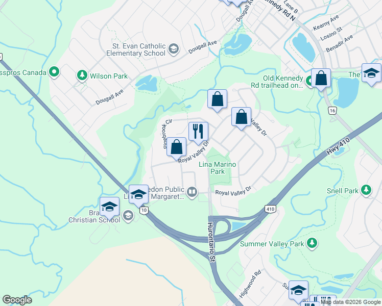 map of restaurants, bars, coffee shops, grocery stores, and more near 193 Royal Valley Drive in Regional Municipality of Peel