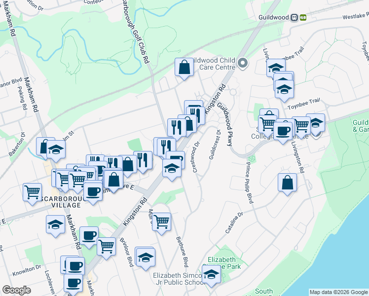 map of restaurants, bars, coffee shops, grocery stores, and more near 3741 Kingston Road in Toronto