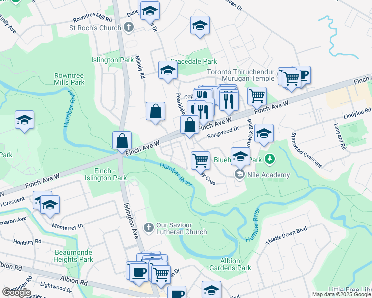 map of restaurants, bars, coffee shops, grocery stores, and more near in Toronto