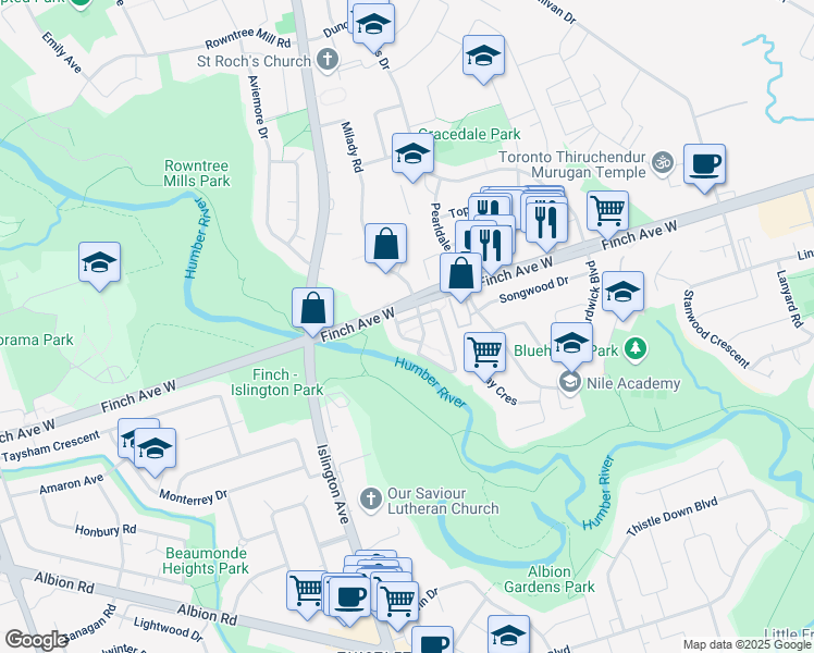 map of restaurants, bars, coffee shops, grocery stores, and more near 3033 Finch Avenue West in Toronto