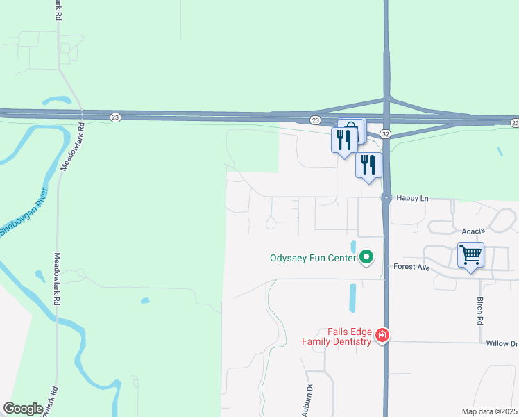 map of restaurants, bars, coffee shops, grocery stores, and more near 1002 Happy Lane in Sheboygan Falls