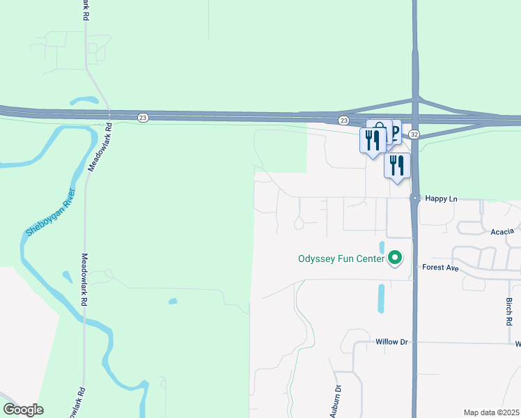 map of restaurants, bars, coffee shops, grocery stores, and more near 1008 Happy Lane in Sheboygan Falls