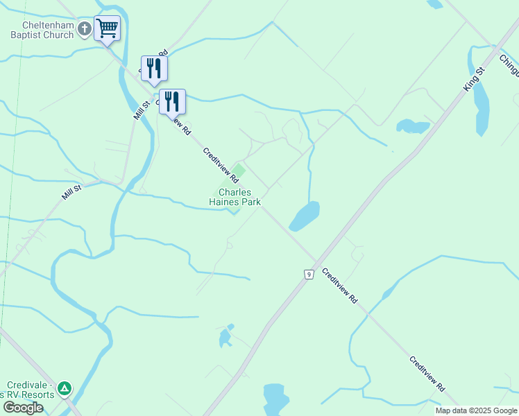 map of restaurants, bars, coffee shops, grocery stores, and more near 14130 Creditview Road in Cheltenham