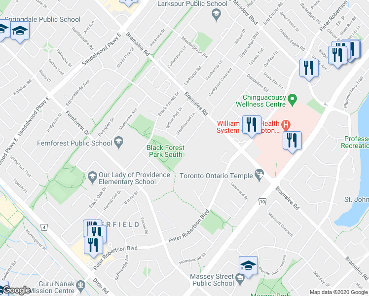 map of restaurants, bars, coffee shops, grocery stores, and more near 50 Willow Park Drive in Brampton