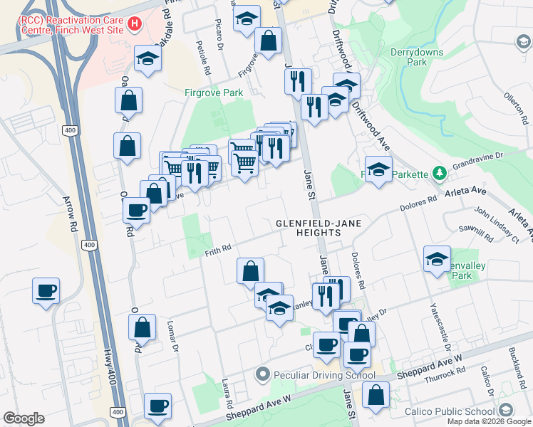 map of restaurants, bars, coffee shops, grocery stores, and more near in Toronto