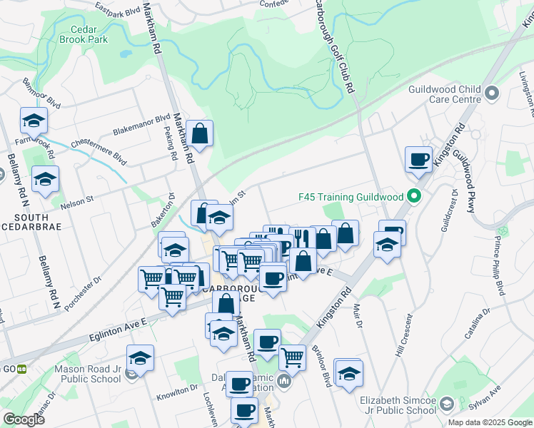 map of restaurants, bars, coffee shops, grocery stores, and more near 32 Cedar Drive in Toronto