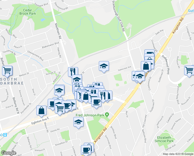 map of restaurants, bars, coffee shops, grocery stores, and more near 3 Gatesview Avenue in Toronto