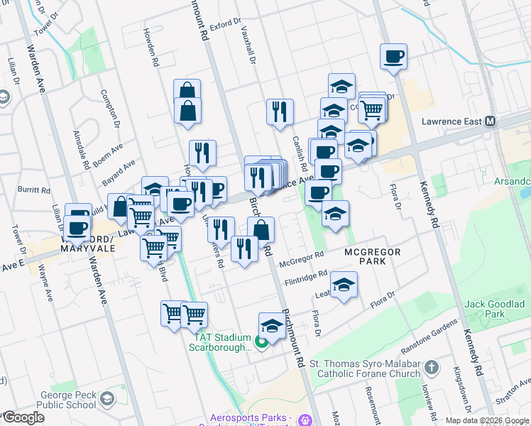 map of restaurants, bars, coffee shops, grocery stores, and more near 1255 Birchmount Road in Toronto