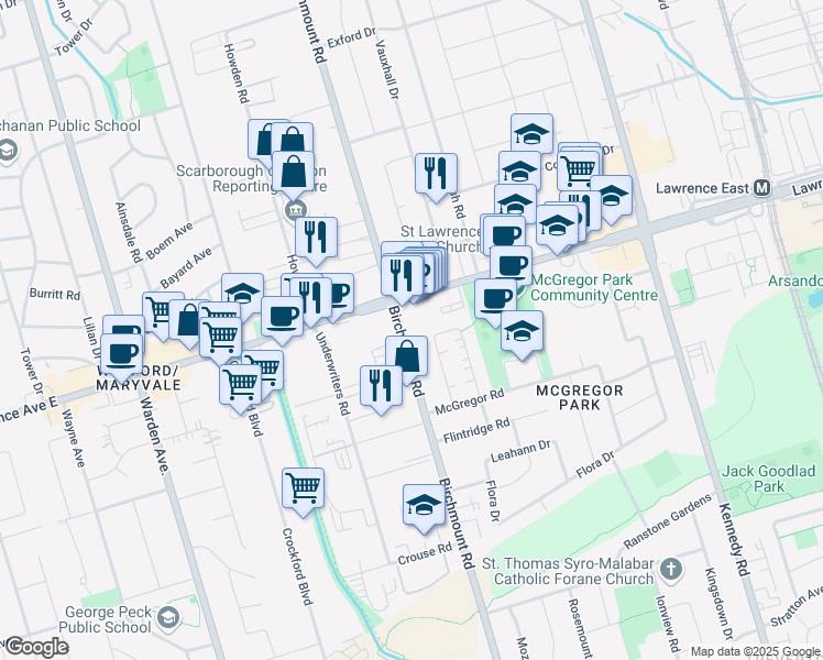 map of restaurants, bars, coffee shops, grocery stores, and more near in Toronto