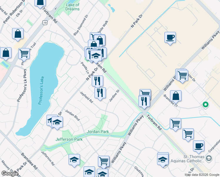 map of restaurants, bars, coffee shops, grocery stores, and more near 12 Jardine Street in Brampton