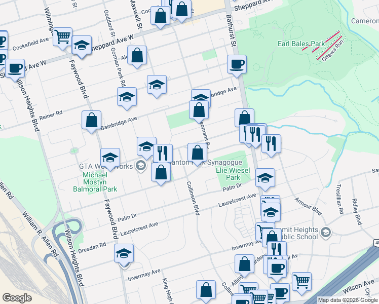 map of restaurants, bars, coffee shops, grocery stores, and more near 145 York Downs Drive in Toronto