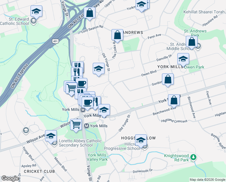 map of restaurants, bars, coffee shops, grocery stores, and more near 176 Old Yonge Street in Toronto