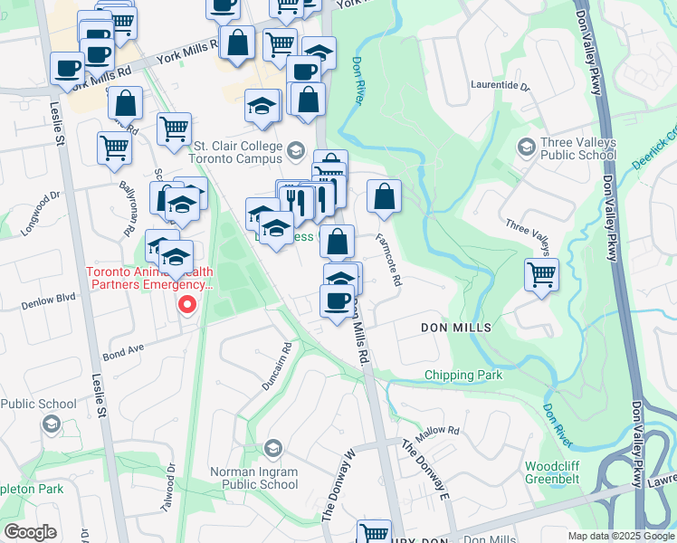 map of restaurants, bars, coffee shops, grocery stores, and more near 4-1370 Don Mills Road in Toronto