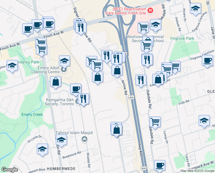 map of restaurants, bars, coffee shops, grocery stores, and more near 77 Deerhide Crescent in Toronto