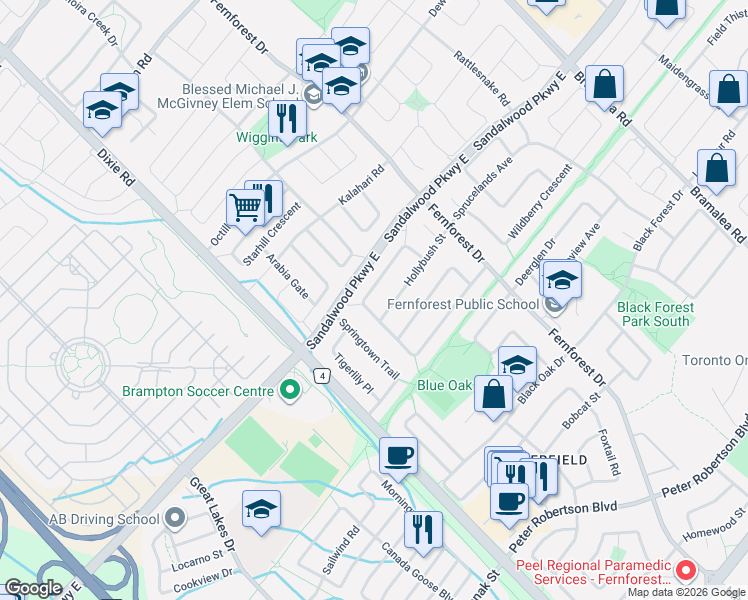 map of restaurants, bars, coffee shops, grocery stores, and more near in Brampton