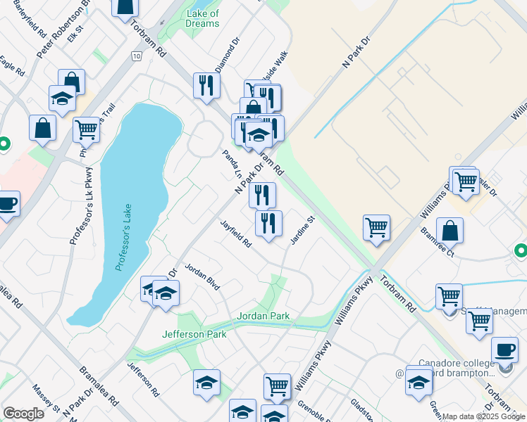 map of restaurants, bars, coffee shops, grocery stores, and more near Jade Crescent in Brampton