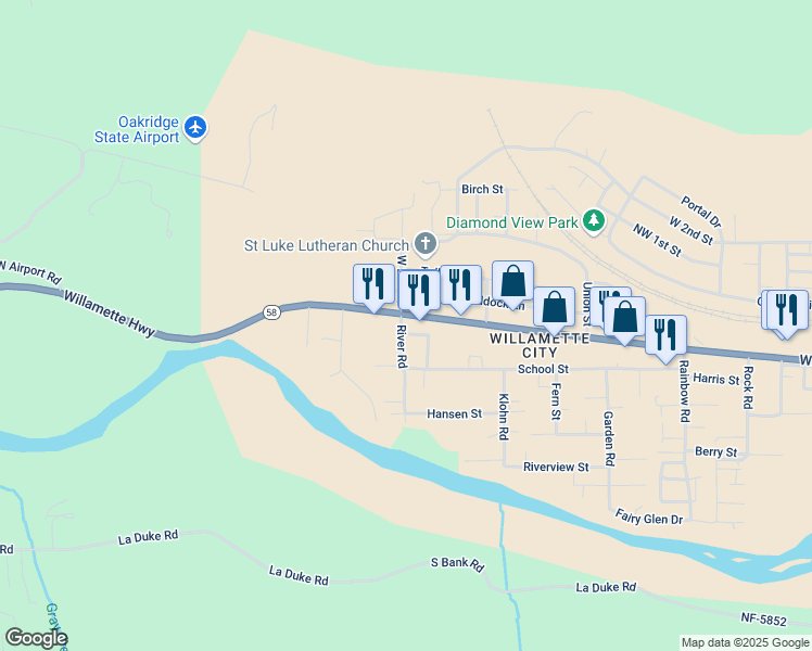 map of restaurants, bars, coffee shops, grocery stores, and more near 47465 Oregon 58 in Oakridge