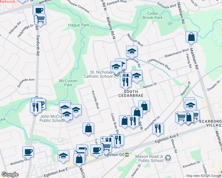 map of restaurants, bars, coffee shops, grocery stores, and more near in Toronto