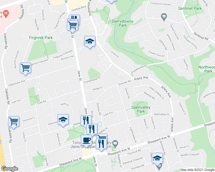 map of restaurants, bars, coffee shops, grocery stores, and more near 120 Dolores Road in Toronto