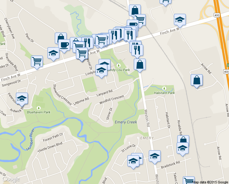 map of restaurants, bars, coffee shops, grocery stores, and more near 9 Lindylou Road in Toronto