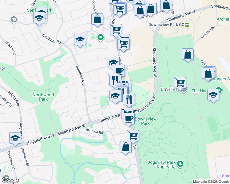 map of restaurants, bars, coffee shops, grocery stores, and more near 3390 Keele Street in Toronto