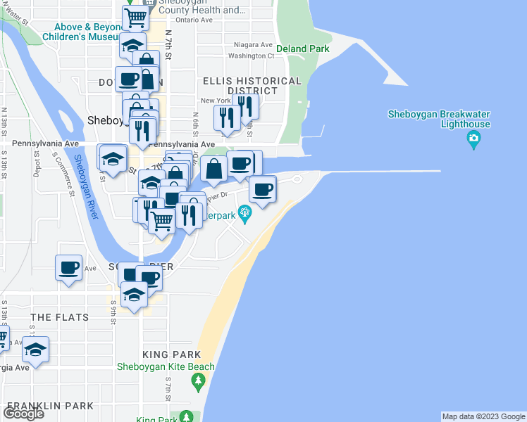 map of restaurants, bars, coffee shops, grocery stores, and more near 725 Blue Harbor Drive in Sheboygan