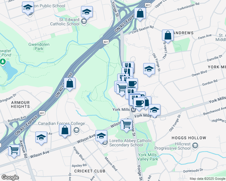 map of restaurants, bars, coffee shops, grocery stores, and more near in Toronto