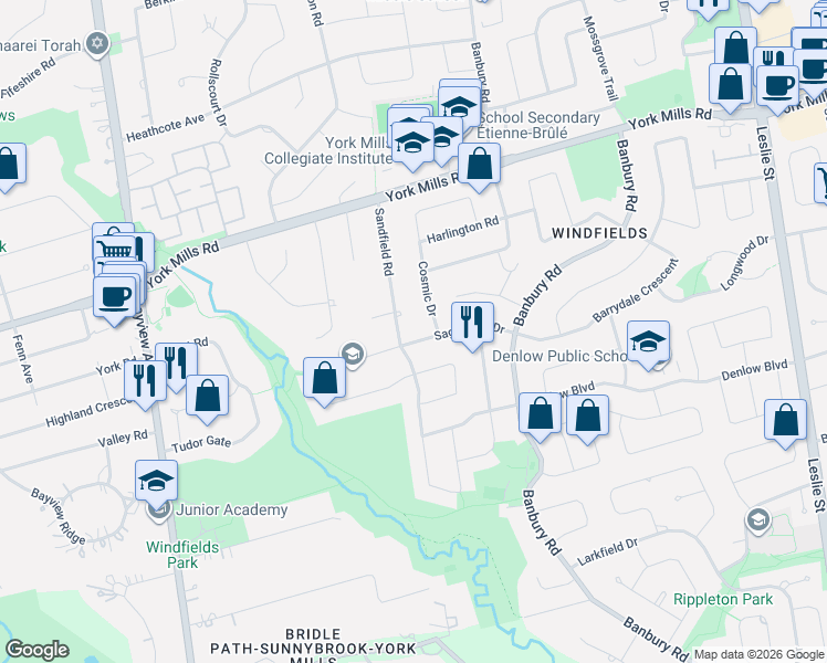 map of restaurants, bars, coffee shops, grocery stores, and more near 4 Sagewood Drive in Toronto