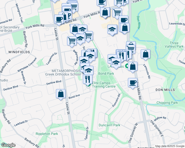 map of restaurants, bars, coffee shops, grocery stores, and more near 31 Scarsdale Road in Toronto
