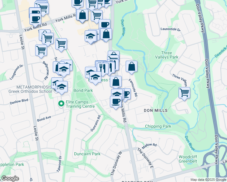 map of restaurants, bars, coffee shops, grocery stores, and more near 1370 Don Mills Road in Toronto