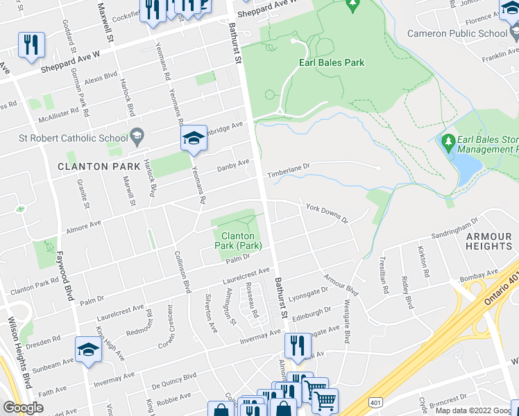 map of restaurants, bars, coffee shops, grocery stores, and more near 4160 Bathurst Street in Toronto